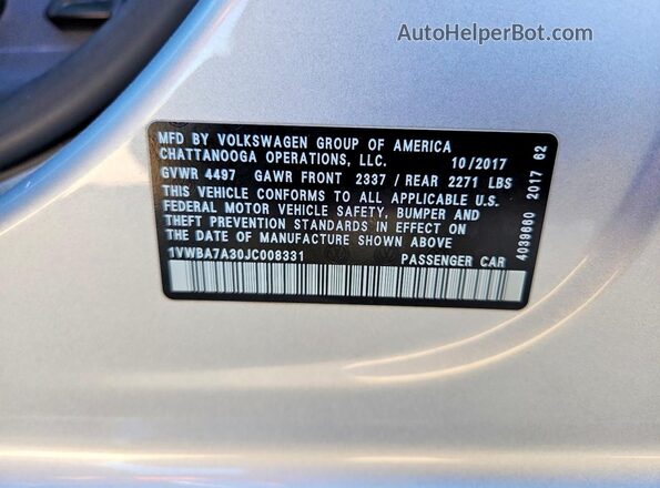 1VWBA7A30JC008331 2018 VOLKSWAGEN PASSAT Silver VIN კოდის სტიკერის ხედი