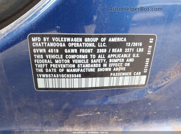 1VWBS7A31GC023345 2016 VOLKSWAGEN PASSAT Синий Вид подкапотного пространства