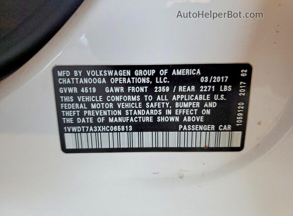 1VWDT7A3XHC065813 2017 VOLKSWAGEN PASSAT Белый Вид подкапотного пространства