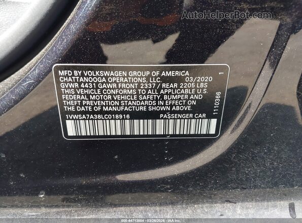 1VWSA7A38LC018916 2020 VOLKSWAGEN PASSAT Black Widok komory silnika