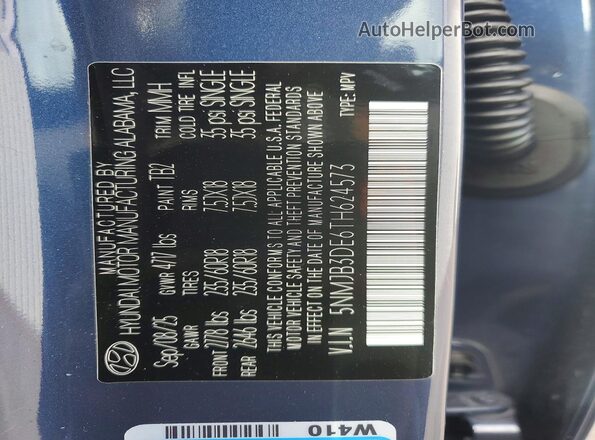 5NMJB3DE6TH624573 2026 HYUNDAI TUCSON Синий Панорамный вид салона 360°