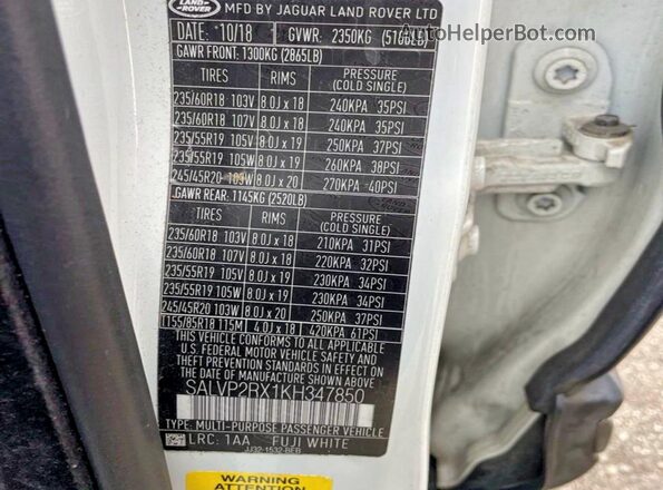 SALVP2RX1KH347850 2019 LAND ROVER RANGE Белый Вид задней части салона