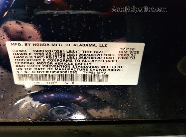 5FNYF8H95KB001295 2019 HONDA PASSPORT Синий 