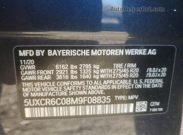5UXCR6C08M9F08835 2021 BMW X5 Blue VIN კოდის სტიკერის ხედი