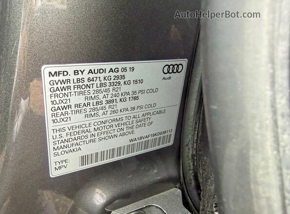WA1BVAF19KD039112 2019 AUDI Q8 Серый Вид задней части салона