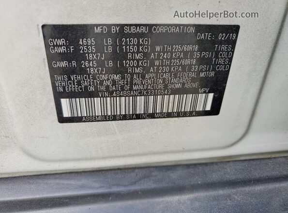 4S4BSANC7K3310543 2019 SUBARU OUTBACK White Widok naklejki z numerem VIN
