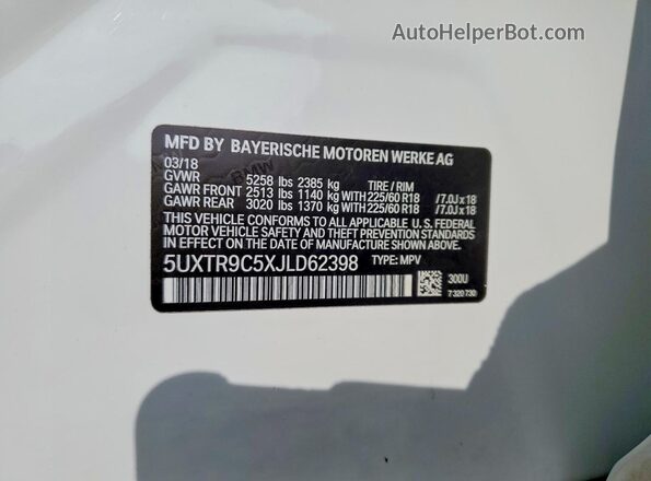 5UXTR9C5XJLD62398 2018 BMW X3 Белый Панорамный вид салона 360°