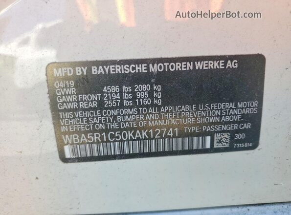 WBA5R1C50KAK12741 2019 BMW OTHER Белый Вид наклейки с VIN-кодом