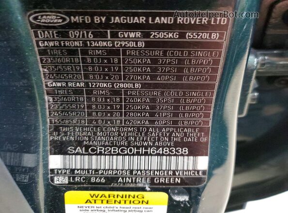 SALCR2BG0HH648338 2017 LAND ROVER DISCOVERY Зеленый Панорамный вид салона 360°