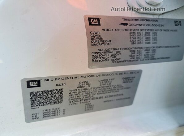 3GCPWCEK8LG304234 2020 CHEVROLET SILVERADO White Widok naklejki z numerem VIN