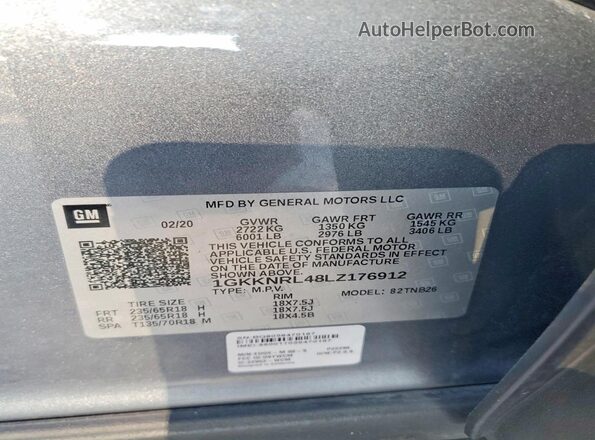 1GKKNRL48LZ176912 2020 GMC ACADIA Серый Панорамный вид салона 360°