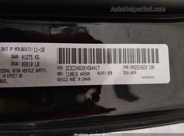 2C3CDXBG2KH564417 2019 DODGE CHARGER Черный Вид подкапотного пространства