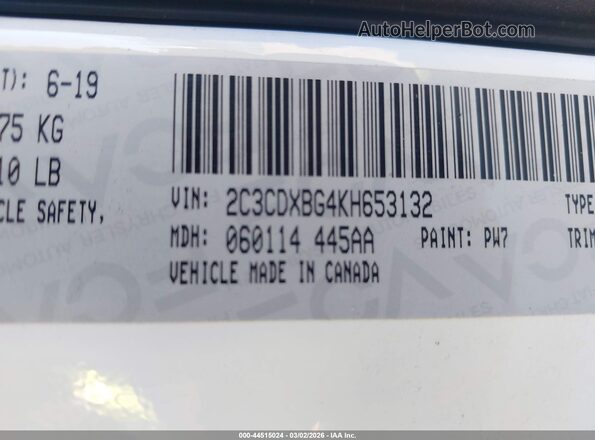 2C3CDXBG4KH653132 2019 DODGE CHARGER White Շարժիչի բաժամունքի տեսք