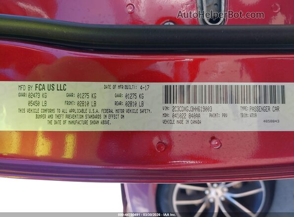2C3CDXGJ3HH619003 2017 DODGE CHARGER Красный Вид подкапотного пространства