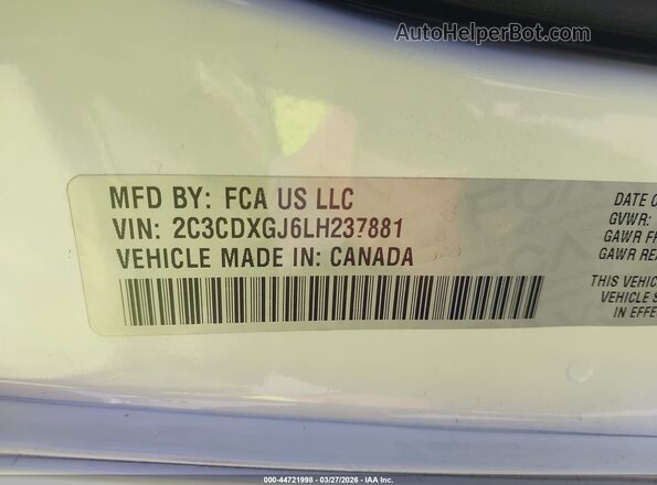 2C3CDXGJ6LH237881 2020 DODGE CHARGER Белый Вид подкапотного пространства