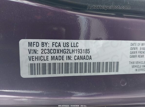 2C3CDXHG2LH193185 2020 DODGE CHARGER Фиолетовый Вид подкапотного пространства