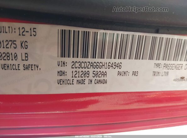 2C3CDZAG6GH164946 2016 DODGE CHALLENGER Красный Вид подкапотного пространства