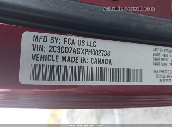 2C3CDZAGXPH602738 2023 DODGE CHALLENGER Красный Вид подкапотного пространства
