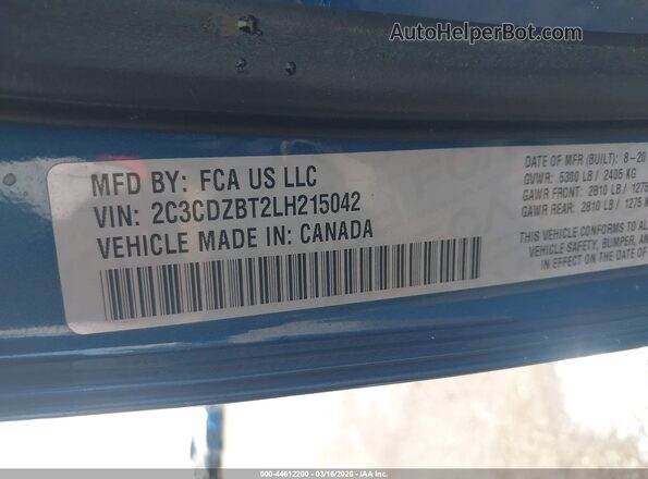 2C3CDZBT2LH215042 2020 DODGE CHALLENGER Синий Вид подкапотного пространства