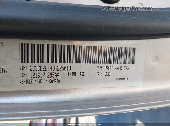 2C3CDZBT4JH225018 2018 DODGE CHALLENGER Серебряный Вид подкапотного пространства