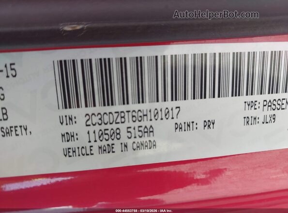 2C3CDZBT6GH101017 2016 DODGE CHALLENGER Красный Вид подкапотного пространства