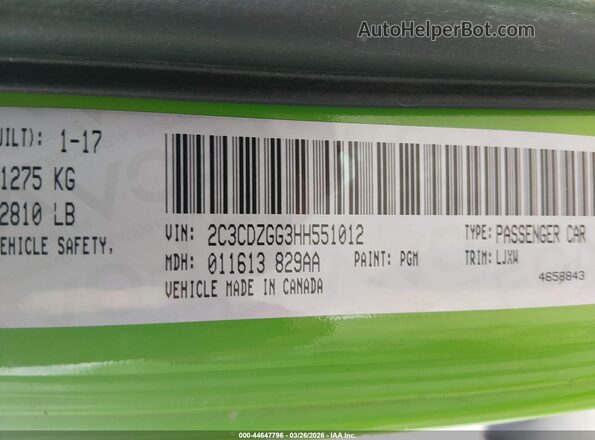 2C3CDZGG3HH551012 2017 DODGE CHALLENGER Зеленый Вид подкапотного пространства