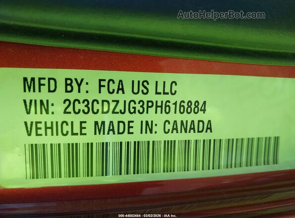 2C3CDZJG3PH616884 2023 DODGE CHALLENGER Оранжевый Вид подкапотного пространства