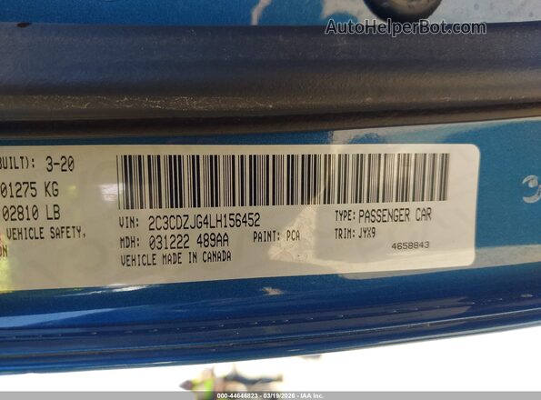 2C3CDZJG4LH156452 2020 DODGE CHALLENGER Синий Вид подкапотного пространства