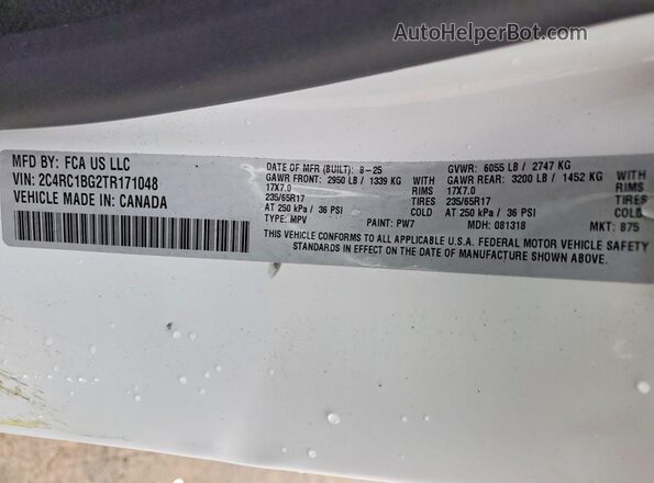 2C4RC1BG2TR171048 2026 CHRYSLER PACIFICA Белый Вид наклейки с VIN-кодом