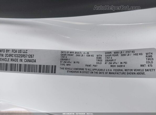 2C4RC1CG2SR571267 2025 CHRYSLER VOYAGER Белый Вид подкапотного пространства