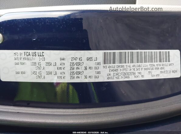 2C4RC1FG9KR635784 2019 CHRYSLER PACIFICA Синий Вид подкапотного пространства