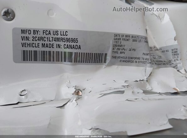 2C4RC1L74MR596965 2021 CHRYSLER PACIFICA Белый Вид подкапотного пространства