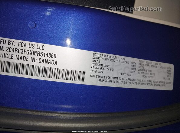 2C4RC3FGXMR514860 2021 CHRYSLER PACIFICA Blue ძრავის განყოფილების ხედი