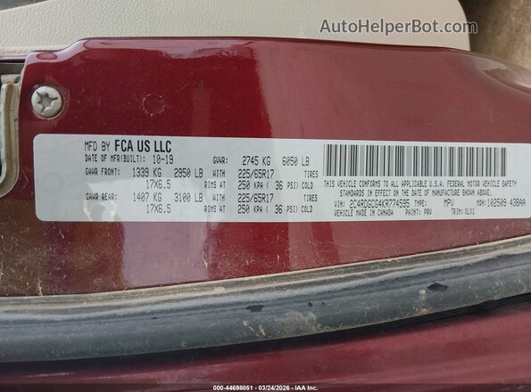 2C4RDGCG4KR774595 2019 DODGE GRAND CARAVAN Красный Вид подкапотного пространства