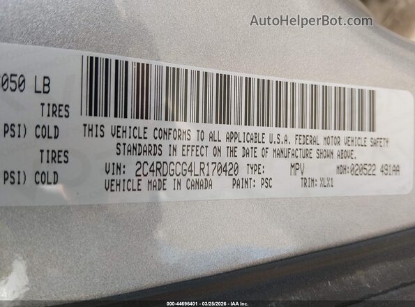 2C4RDGCG4LR170420 2020 DODGE GRAND CARAVAN Серебряный Вид подкапотного пространства