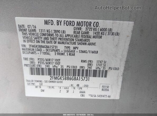 2FMGK5B86GBA15731 2016 FORD FLEX Серый Вид подкапотного пространства