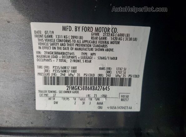 2FMGK5B86KBA27645 2019 FORD FLEX Серый Вид наклейки с VIN-кодом