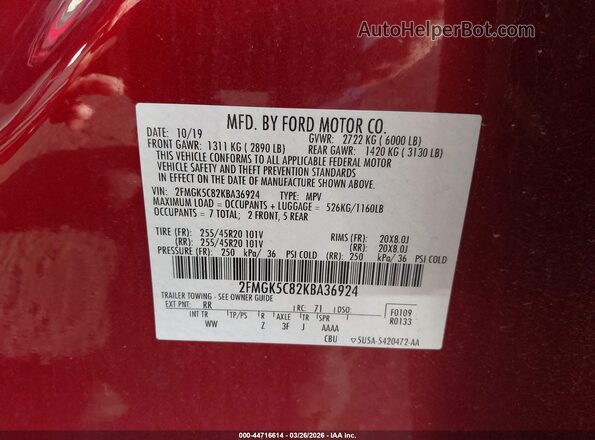 2FMGK5C82KBA36924 2019 FORD FLEX Red Widok komory silnika