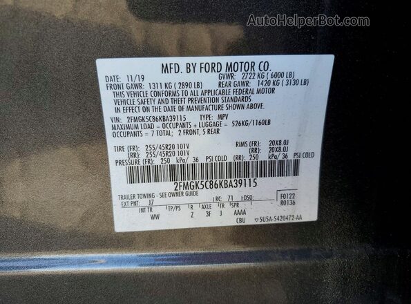2FMGK5C86KBA39115 2019 FORD FLEX Gray VIN կոդի պիտակի տեսք