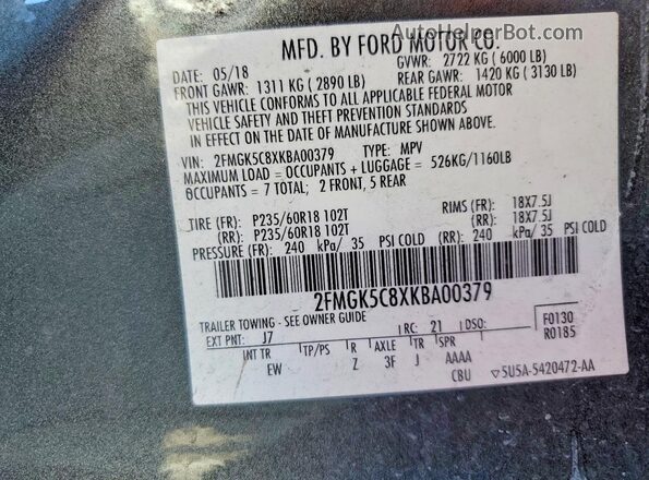 2FMGK5C8XKBA00379 2019 FORD FLEX Gray Vista de la etiqueta del VIN