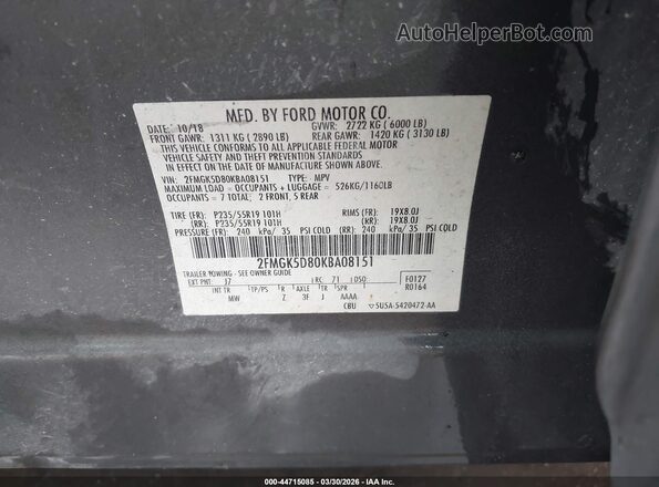 2FMGK5D80KBA08151 2019 FORD FLEX Gray Widok komory silnika