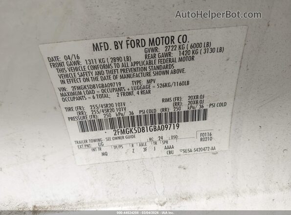 2FMGK5D81GBA09719 2016 FORD FLEX Белый Вид подкапотного пространства