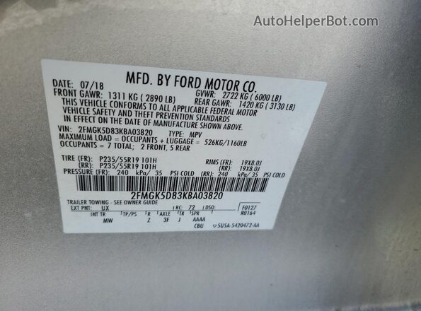 2FMGK5D83KBA03820 2019 FORD FLEX Silver Widok naklejki z numerem VIN