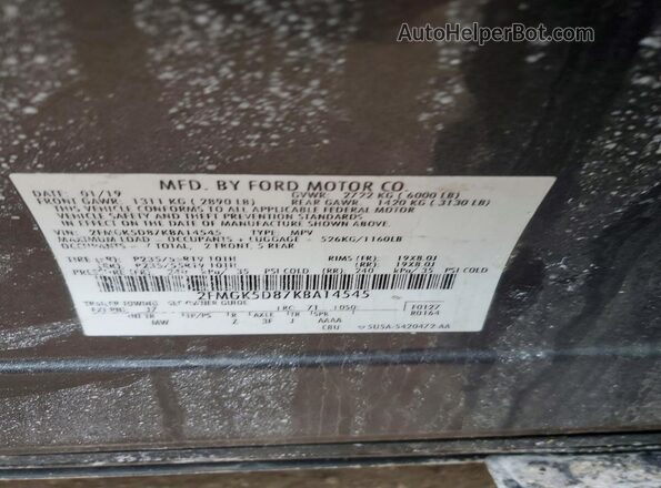 2FMGK5D87KBA14545 2019 FORD FLEX Черный Вид наклейки с VIN-кодом