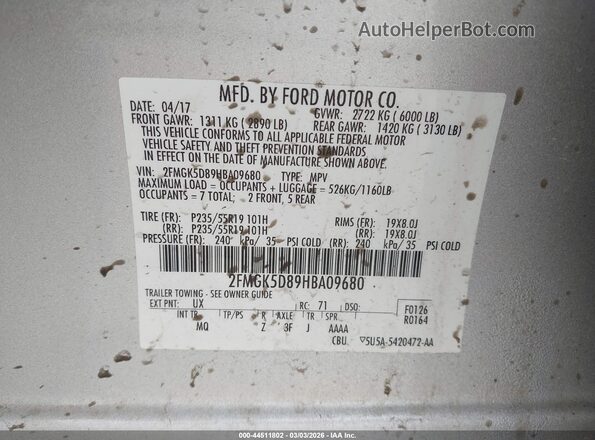 2FMGK5D89HBA09680 2017 FORD FLEX Silver Widok komory silnika