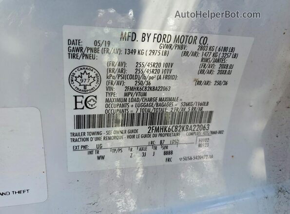2FMHK6C82KBA22063 2019 FORD FLEX White Widok wnętrza 360 stopni