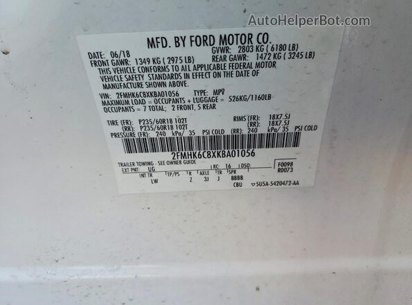 2FMHK6C8XKBA01056 2019 FORD FLEX Белый Вид наклейки с VIN-кодом