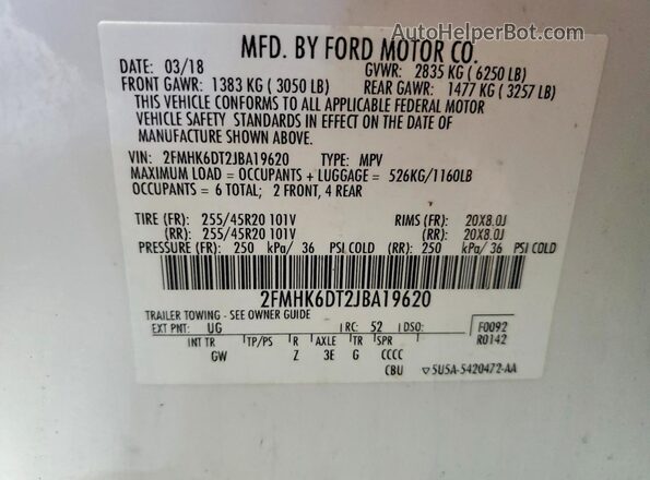 2FMHK6DT2JBA19620 2018 FORD FLEX Белый Панорамный вид салона 360°