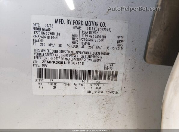 2FMPK3G91JBC07118 2018 FORD EDGE White Вид підкапотного простору