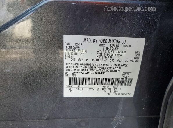 2FMPK3G91LBA34431 2020 FORD EDGE Gray Вид наклейки з VIN-кодом